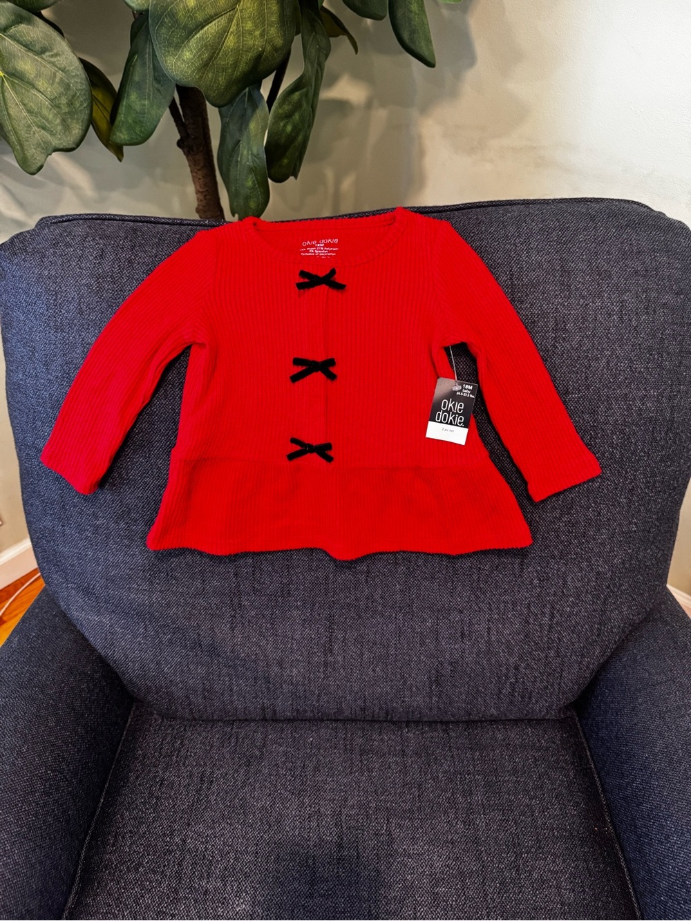 okie dokie Red Knit Peplum Sweater with Black Bow Accents